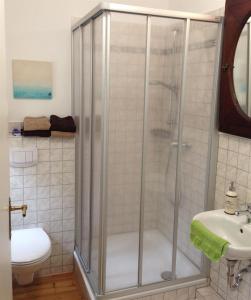 吕贝克Ferienwohnung Bode的带淋浴的浴室(带卫生间和水槽)