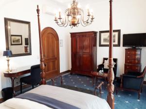 杜塞尔多夫温莎酒店的一间卧室配有一张床、一张书桌和一个吊灯。
