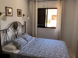 洛斯克里斯蒂亚诺斯Apartment Cardon Los Cristianos的一间卧室配有一张带蓝色棉被的床和窗户。