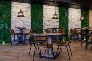 塔兰孔Ansares Hotel的一间设有桌椅的餐厅,种植了植物