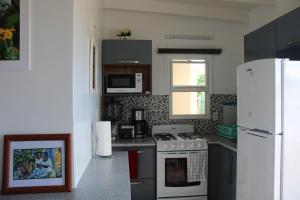 圣约翰斯Tropical Garden Cottage Antigua的厨房配有白色炉灶和冰箱。