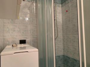 莫尔韦诺CHALET ARIANNA的带淋浴、卫生间和盥洗盆的浴室