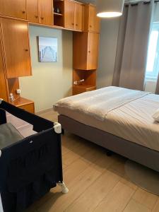 LiersAppart HautsSarts的一间卧室配有一张床和木制橱柜