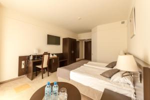 什切尔克厄尔布鲁士温泉疗养酒店的配有一张床和一张书桌的酒店客房