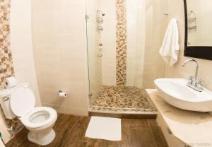 麦德林61Prado Hotel的带淋浴、卫生间和盥洗盆的浴室