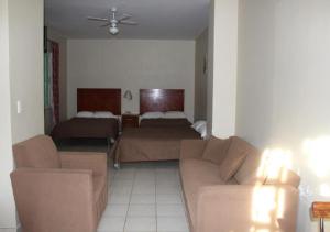圣胡安－德洛斯拉戈斯Hotel Gina的客厅配有沙发和1张床