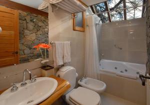 拉安戈斯图拉镇La Estancia Cabañas的浴室配有盥洗盆、卫生间和浴缸。