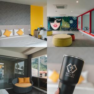 奥南海滩Wake Up Aonang Hotel- SHA EXTRA PLUS的享有3个不同景色的卧室(带一张床)和