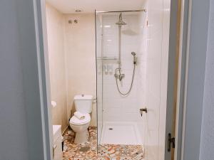 塞维利亚Boutike Guesthouse的带淋浴和卫生间的白色浴室