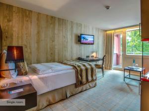 达沃斯达沃斯格里希尔酒店的一间卧室配有一张床、一张书桌和一台电视