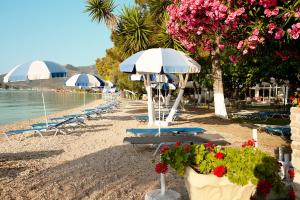奈德里阿夫拉海滩酒店 的海滩上摆放着椅子、遮阳伞和鲜花