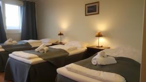 哈尔登Motell Svinesundparken的一间设有四张床的客房,备有毛巾