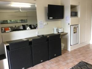 班达伯格黄金棕榈汽车旅馆的一间带冰箱的柜台和一台电视机的厨房