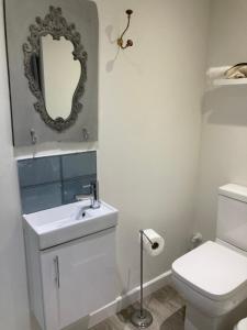 克努斯福德Brand new apartment in Knutsford的一间带水槽、卫生间和镜子的浴室