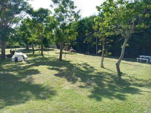 特玛斯德戴曼拉波斯达戴曼酒店的草地上种有桌子和树木的公园