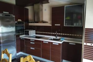 塞埃CASA BUITURON的厨房配有棕色橱柜、水槽和微波炉