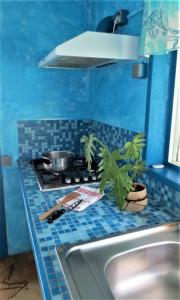 波拉波拉夕阳山别墅的蓝色的厨房设有水槽和炉灶