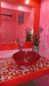 波拉波拉夕阳山别墅的红色的浴室,配有红色的花盆