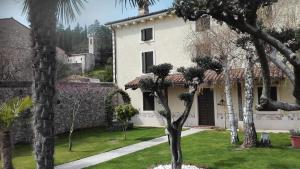 特雷尼亚戈B&B Antico Borgo Marcemigo的院子里有树木的白色房子
