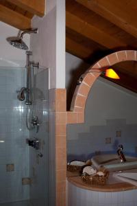 特雷尼亚戈B&B Antico Borgo Marcemigo的带淋浴、盥洗盆和镜子的浴室