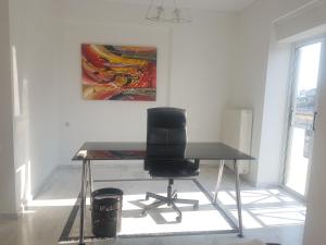 拉里萨NN Larisa Deluxe Apartment的一张桌子和椅子,放在画室里