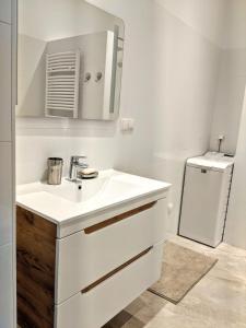 布拉迪斯拉发ClearVueHome - Quiet 51 m2 Studio Bratislava Slavin的白色的浴室设有水槽和冰箱。
