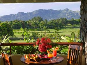 南迪诺富特纳迪酒店的美景阳台上的一张桌子,上面摆放着水果和果汁