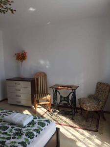 BodzentynNoclegi Dobry Kwadrat的卧室配有一张床、一张桌子和椅子