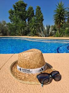 LliberSueño Grande的坐在游泳池旁的草帽和太阳镜