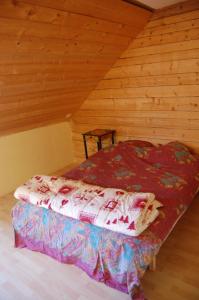 沙佩尔代布瓦Maison de la Combe des Cives的小屋内的一张床位,设有木制天花板