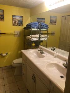默特尔比奇Beach Colony Ocean Front Executive Suite的一间带水槽、卫生间和镜子的浴室
