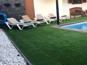 亚伊萨Villa Altamosa的一个带躺椅的草坪和一个游泳池