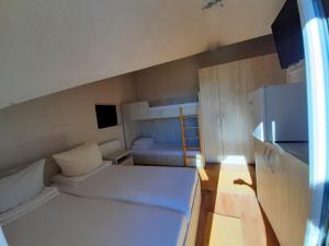 珀尔蒂尼什Pensiunea Casianna & Spa的小房间设有两张床和一台冰箱