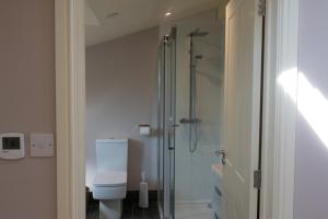 剑桥Garden Villa的一间带卫生间和玻璃淋浴间的浴室