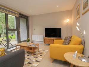 阿尔弗斯顿Leven Reach的客厅配有黄色沙发和平面电视。
