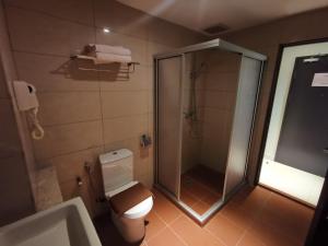 拿笃Hotel De Leon II的带淋浴、卫生间和盥洗盆的浴室