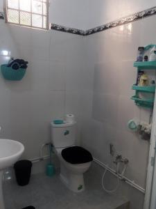 特莱姆森Joli Chalet plain-pied avec jardin privatif的白色的浴室设有卫生间和水槽。