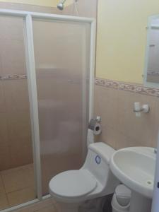 通苏帕Casa y Mar Hotel的带淋浴、卫生间和盥洗盆的浴室