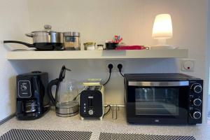 多特蒙德Studio mit Blick ins Grüne的厨房台面上的一个微波炉