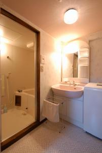 白马村Hakuba Inn Bloom的浴室配有盥洗盆、镜子和浴缸