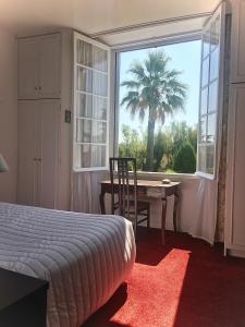 胡安莱潘德米莫萨酒店的一间卧室配有一张床、一张桌子和一棵棕榈树