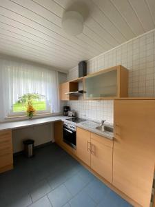 GoldkronachGemütliches Appartement - WBS的厨房配有木制橱柜、水槽和窗户。