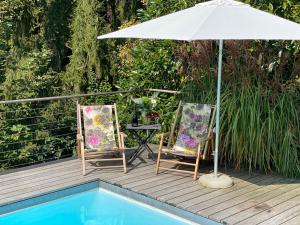 奥伯斯特多夫Landhaus am Plattenbichl - Luxus Apartment mit Privat-Pool und Sauna - im Sommer Bergbahn inklusive的两把椅子坐在泳池旁的伞下