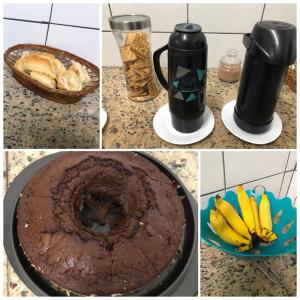 桑托斯Pousada Vila Pitanga的巧克力蛋糕和咖啡杯相搭配的图片