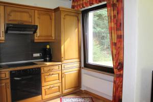 普莱滕贝格Haus Haase的厨房配有木制橱柜和窗户。