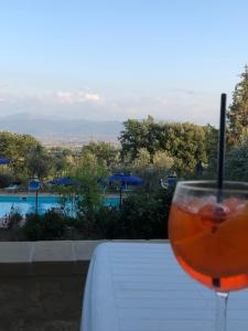 蒙特法尔科皮科洛餐饮酒店的坐在桌子上一边享用饮品一边欣赏泳池美景
