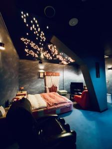 京都嵯峨野酒店（仅限成人）的一间卧室配有一张天花板上灯床。