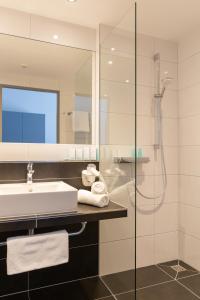 明斯特Hotel Adler Münster的一间带水槽和淋浴的浴室
