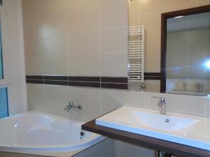 尼赖吉哈佐Hotel Írisz的一间带水槽和镜子的浴室