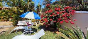 贝洛奥里藏特Casa Pampulha的庭院设有椅子和遮阳伞,鲜花盛开
